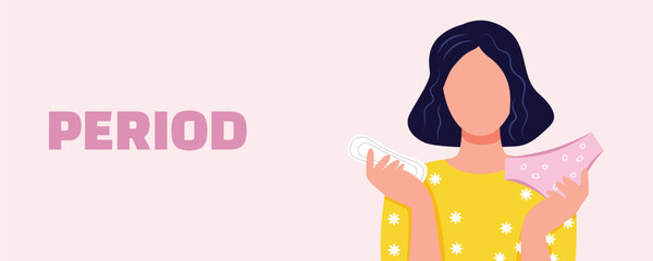 Vector illustration of a woman with a sanitary pad and panties on a pink background — women's period and menstruation banner. Gynecology and women's health