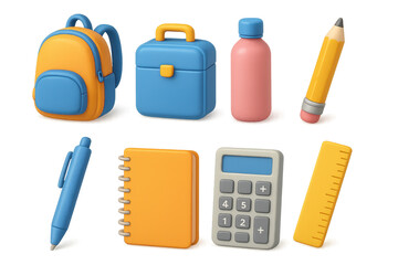 Colorful school supplies set: backpack, lunchbox, water bottle, pens, notebook, calculator, ruler