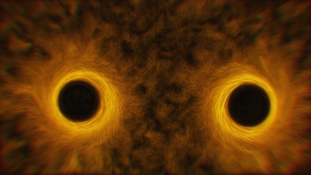 Concept map of 3 black holes and the surrounding matter. Two of them merging into a supermassive black hole. Animation map built from particles.