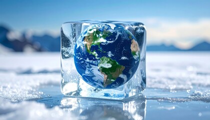 Planet Earth, shaped like an ice cube slowly melting away, a powerful reminder of the urgent need to take action against climate change
