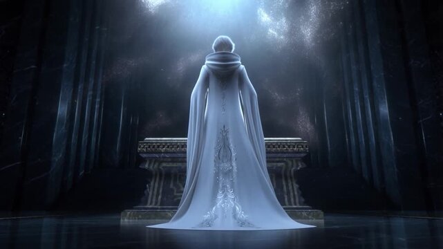 Majestic figure in an elegant white hooded robe standing before a stone throne in a dark hall
