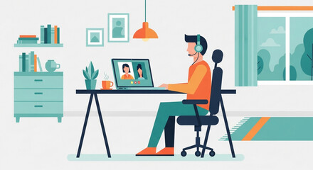 Illustration of a man in a video call, showcasing remote work and online communication with a laptop, desk, and home office setup in a cozy room