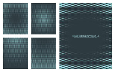 Assorted vector square bricks cyan halftone pattern set in vertical 4:5 aspect ratio including round smooth blurred frame and various radial textures. Varied modern half tone textured design elements
