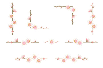 白梅のライン素材セット｜梅の花の飾り罫, 和風デザイン, 春の装飾, 年賀状, 正月, 梅の枝, 和柄, ベクター, 背景透過, フレーム素材