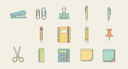 Isolated on white background a set of office supplies including stationery, calculator, ruler, scissors, and notepad, perfect for organizing and planning tasks