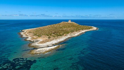 Aerial view of Isola delle Femmine (The Island of Females). It is a small, uninhabited island in the Mediterranean Sea located near Palermo, Sicily, Italy. There are the ruins of an old watchtower. © Stefano Tammaro