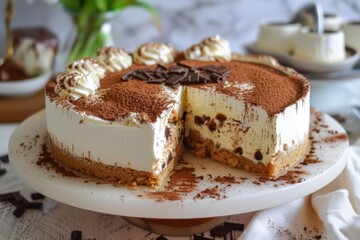 Round tiramisu cheesecake sitting on a white cake stand, decorated with whipped cream, chocolate shavings, and cocoa powder