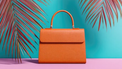 Orange Leather Handbag Against Teal and Pink Background with Palm Leaves.
