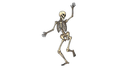 Isolated Skeleton Raising Arm in Cartoon Style, Bone Structure Anatomy and Halloween Decoration