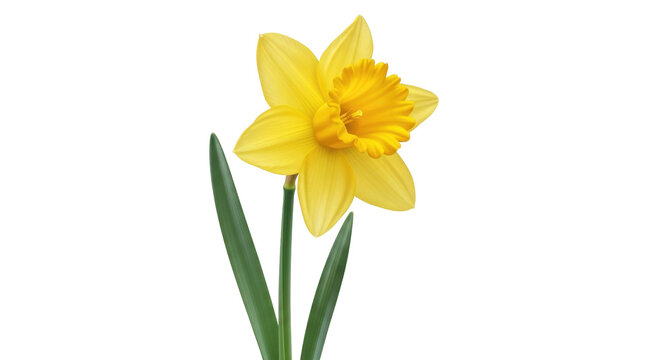 Isolated daffodil blossom, close-up portrait of a vibrant yellow Spring flower against nothing