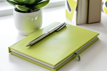 Green notebook and pen on office desk with plant