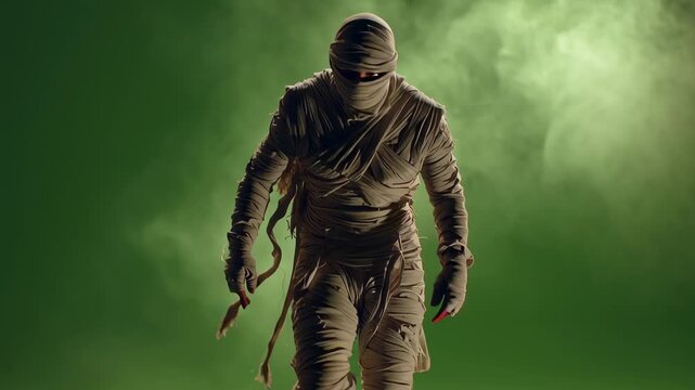 Ancient Mummy Character Wrapped in Bandages Isolated on Green Screen Background, Ideal for Halloween or Adventure Video Scene