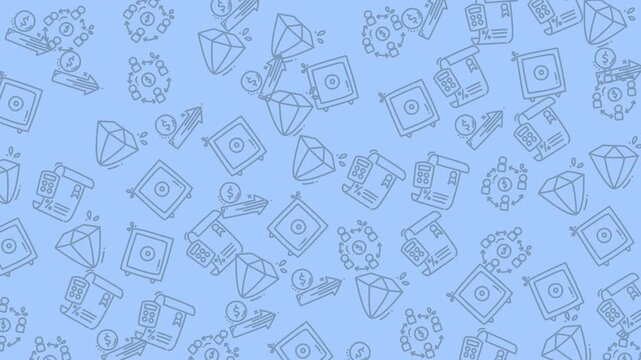 Money pattern on light blue with business icons suitable for finance presentations, investment graphics, banking websites, or financial reports.
