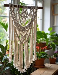 Woven wall hanging, cream colored,  in a room with plants