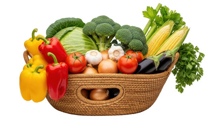 Isolated woven basket filled with fresh vegetables, peppers, tomatoes, corn, broccoli and eggplant