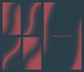 Assorted vector triangles hexagonal grid red black halftone pattern set in vertical 9:16 aspect ratio including smooth curved twisted frame and various textures. Half tone texture design elements