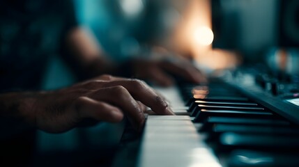 Close up of skilled hands playing a digital keyboard in a dimly lit music studio creating atmospheric sounds