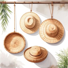 Woven hats and baskets hanging