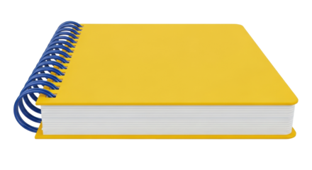 Isolated yellow notebook with blue spiral binding, blank pages, school or office supplies