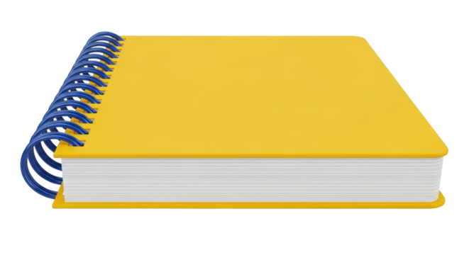 Isolated yellow notebook with blue spiral binding, blank pages, school or office supplies