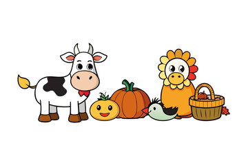 Farm animals set – cow, sheep, chicken, Thanksgiving harvest isolated on white background