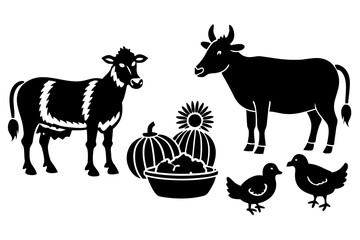 Farm animals set – cow, sheep, chicken, Thanksgiving harvest silhouette vector illustration
