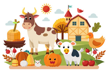 Farm animals set – cow, sheep, chicken, Thanksgiving harvest isolated on white background