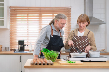 Couple senior elder happy living in home kitchen. Grandmother cooking with grandfather with happiness and smile enjoy retirement life together. Older people relationship and activity.