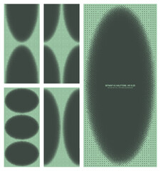Assorted vector bitmap dark green halftone pattern set in vertical 9:20 aspect ratio including oval frame and various unique overlay textures. Varied 8 bit retro styled textured design elements bundle