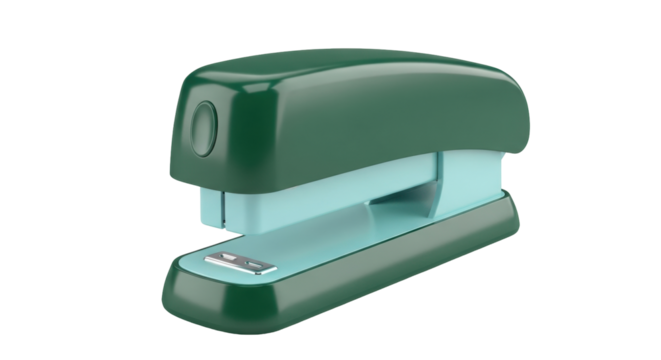Isolated teal and green stapler on a seamless background ready to staple together paper