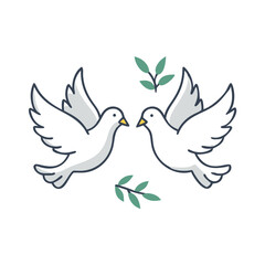 Fototapeta premium Vector art of two white doves in flight, facing each other with green sprigs of leaves, representing peace, hope, and new beginnings