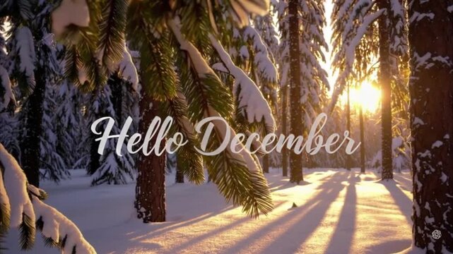 Hello December text on a sunlit winter pine forest covered with snow background,4K.