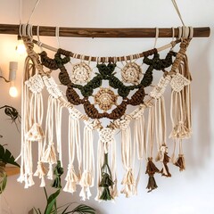 Woven wall hanging with various crochet patterns