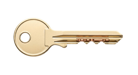 Isolated gold-tone metal door key for residential home or business security hardware object