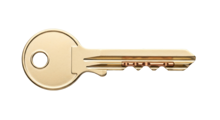 Isolated gold-tone metal door key for residential home or business security hardware object