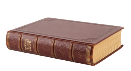 Isolated hardcover brown book on edge with gold lettering, blank cover, no jacket, old style