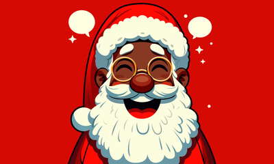 Christmas Santa Claus head for festive greeting card, holiday banner, poster, media design. Santa Claus face in cartoon style. Smiling Christmas character wearing glasses and red hat on red background
