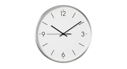 Isolated minimalist round wall clock with no numerals, displaying about 9 14, daytime