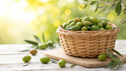 Freshly harvested green olives in a wicker basket on a wooden table with a blurred background of olive trees in the sunshine