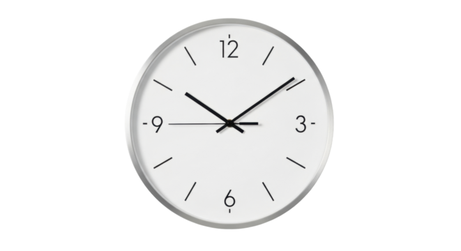 Isolated minimalist round wall clock with no numerals, displaying about 9 14, daytime