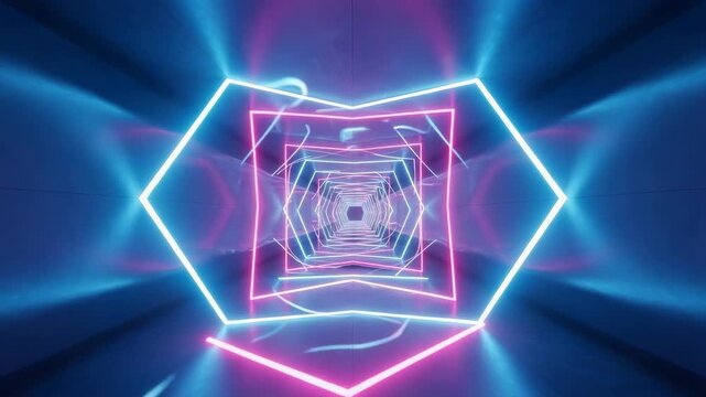 futuristic neon tunnel with concentric hexagons and squares receding into the distance Bright blue and pink lights illuminate the geometric pathway abstract endless perspective