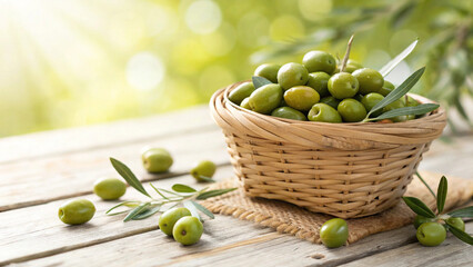Green olives in a wicker basket on a wooden table with a blurred background of olive trees in the sunshine, healthy and natural