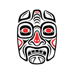 Obraz premium Vector art of intricate black and white tribal mask with striking red accents, depicting a fierce expression with sharp lines and bold patterns