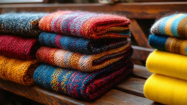 Colorful Stacked Blankets on a Wooden Bench.