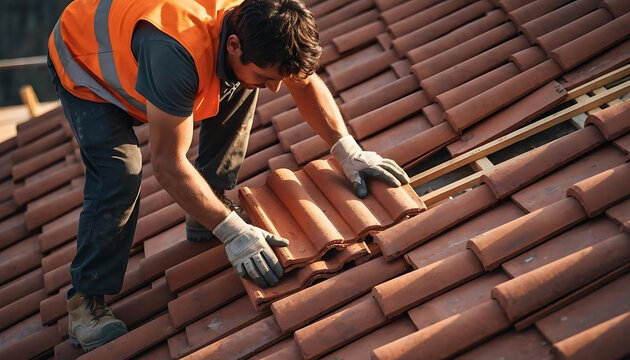 Skilled roofer carefully installing traditional terracotta clay tiles on a new residential house construction project