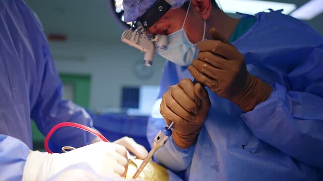 Professional male neurosurgeon uses a screw-driver medical tool at operation. Unrecognized assistant helps the surgeon holding an instrument. Close up.