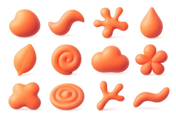 3D Organic Icons Collection. Organic abstracts set icons in 3D color style: fluid blob, curved wave, splash shape, droplet, leaf silhouette, swirl,