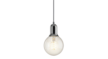Isolated hanging light bulb providing light in room interior or studio setting, fixture idea