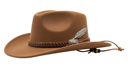 Isolated brown cowboy hat with braided hat band and silver feather is on display
