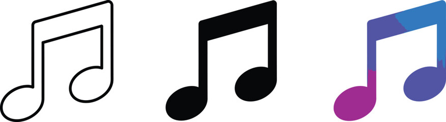 Three Musical Eighth Notes in Outline, Solid, and Gradient Style on White Background